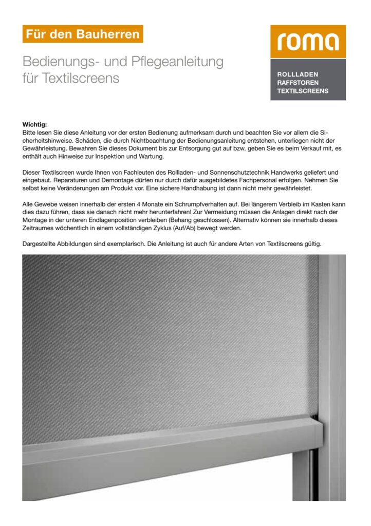 Titelseite: ROMA Bedienungs- und Pflegeanleitung für Textilscreens